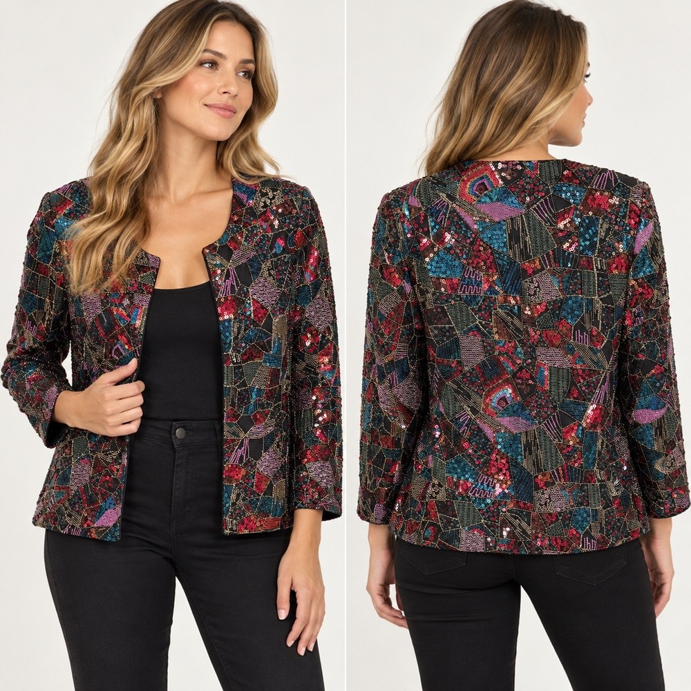 Drapers & Damons Petites Sequin Geometric Open Front Jacket Multicolor PM